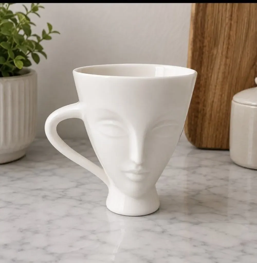 Jonathan Adler Muse White Ceramic Double Face MUG Cup Sculptural Modern Art